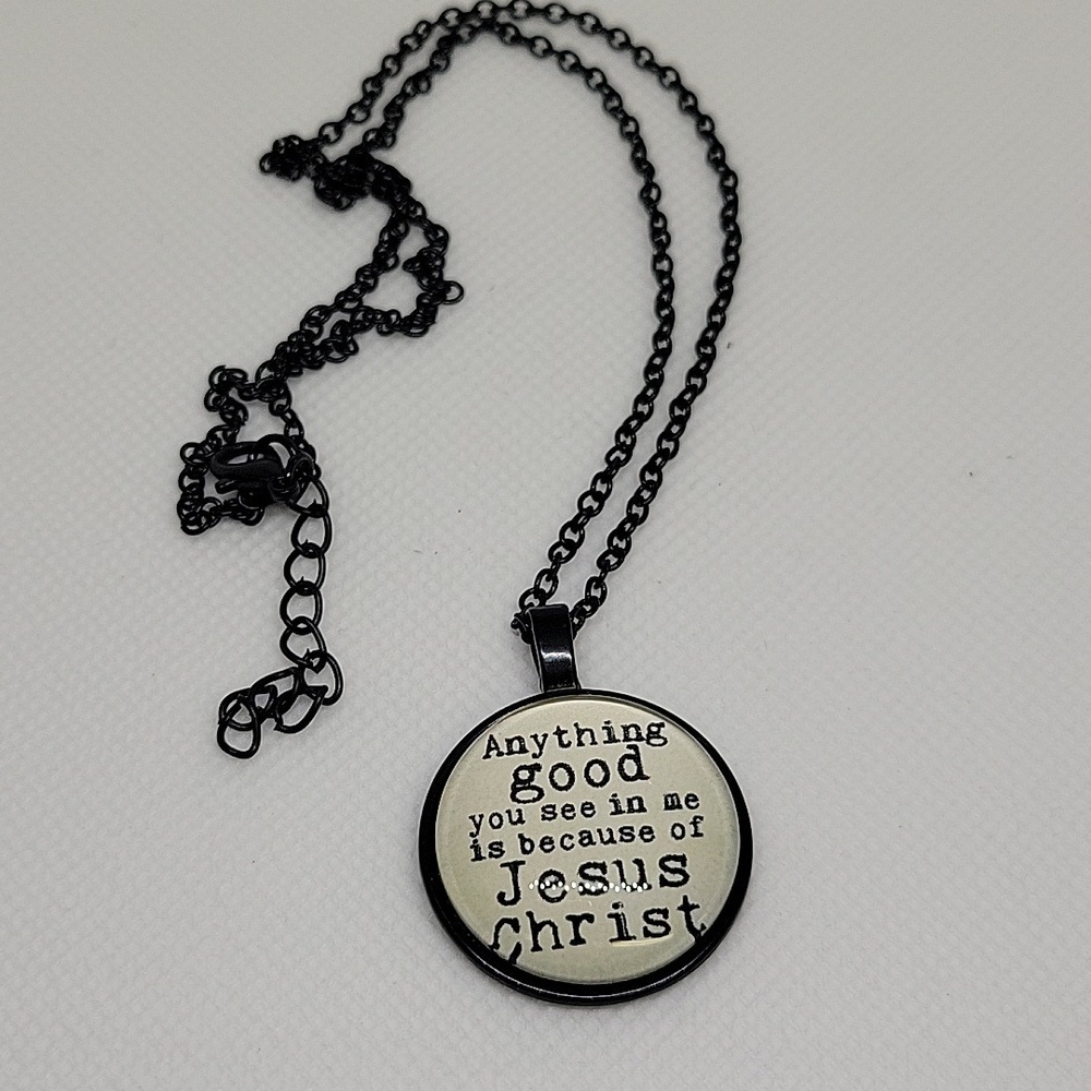 Cabochon 1" Silver Tone 18" + 2" Black Necklace Jesus Christ